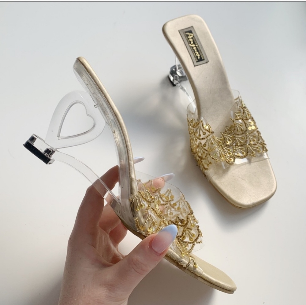 Vintage lucite heart heel mules